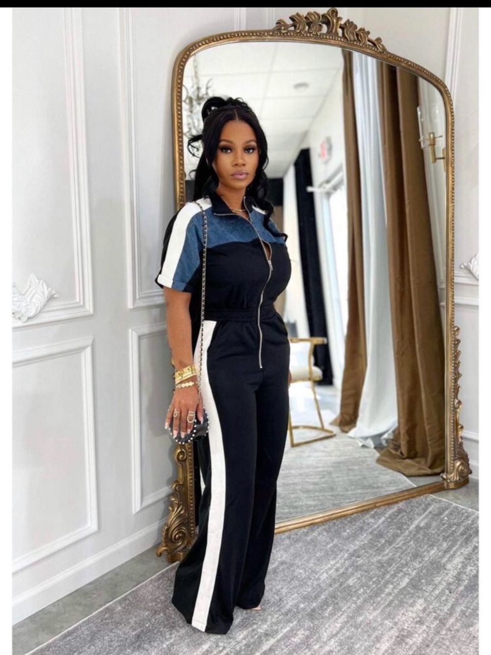 SHEIN Black Jumpsuit with White Side Stripes and Denim-Trim